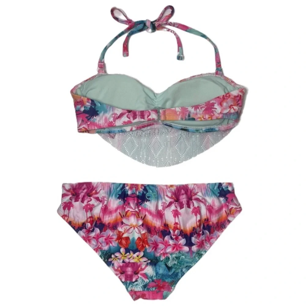 Vintage Y2K Bikini Romantic Ruffle Swimsuit Pastel Floral Pink White Size Small